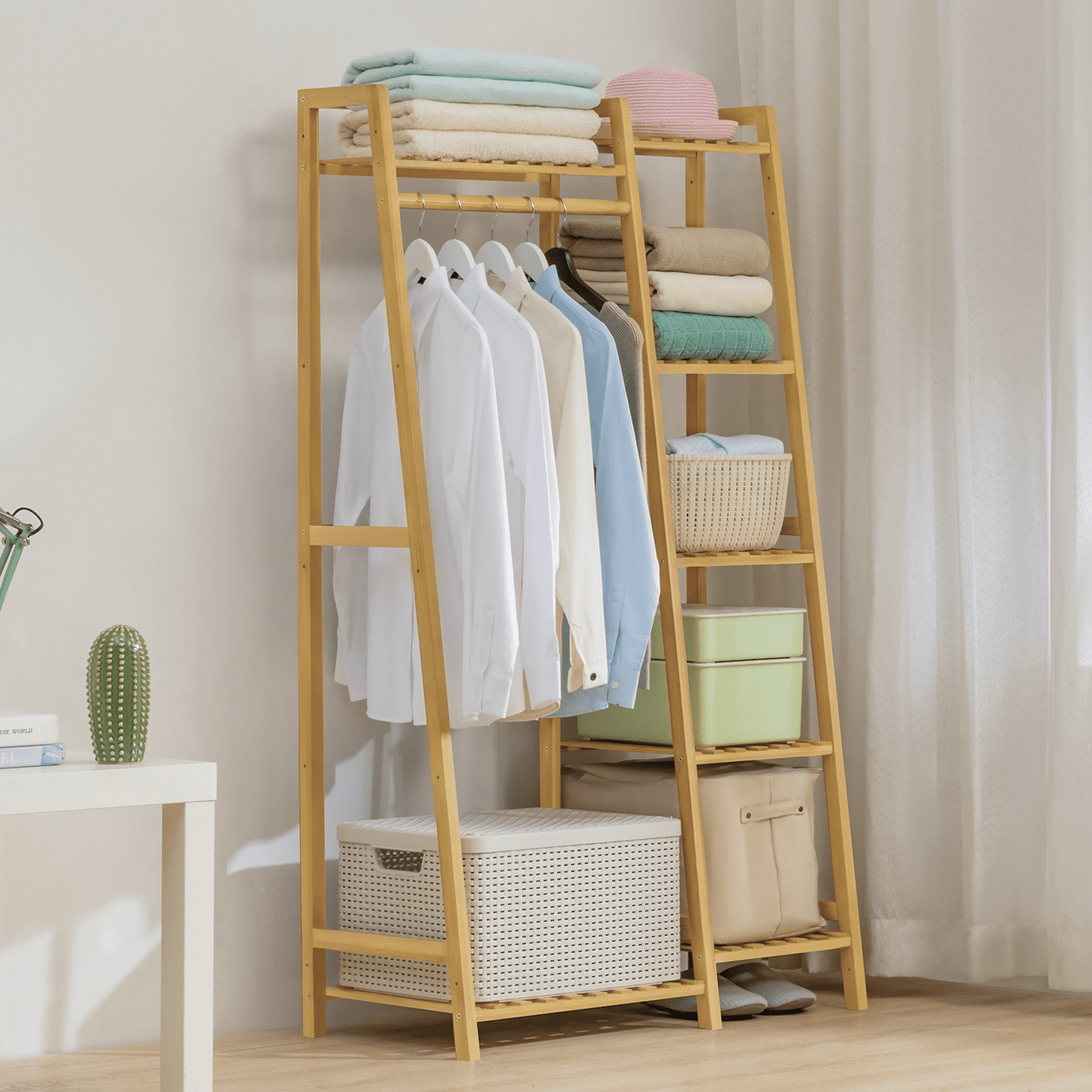 MoNiBloom Bamboo 5 Tiers Stable Trapezoid Coat Rack， Clothes Storage Shelf， Natural， for Bedroom