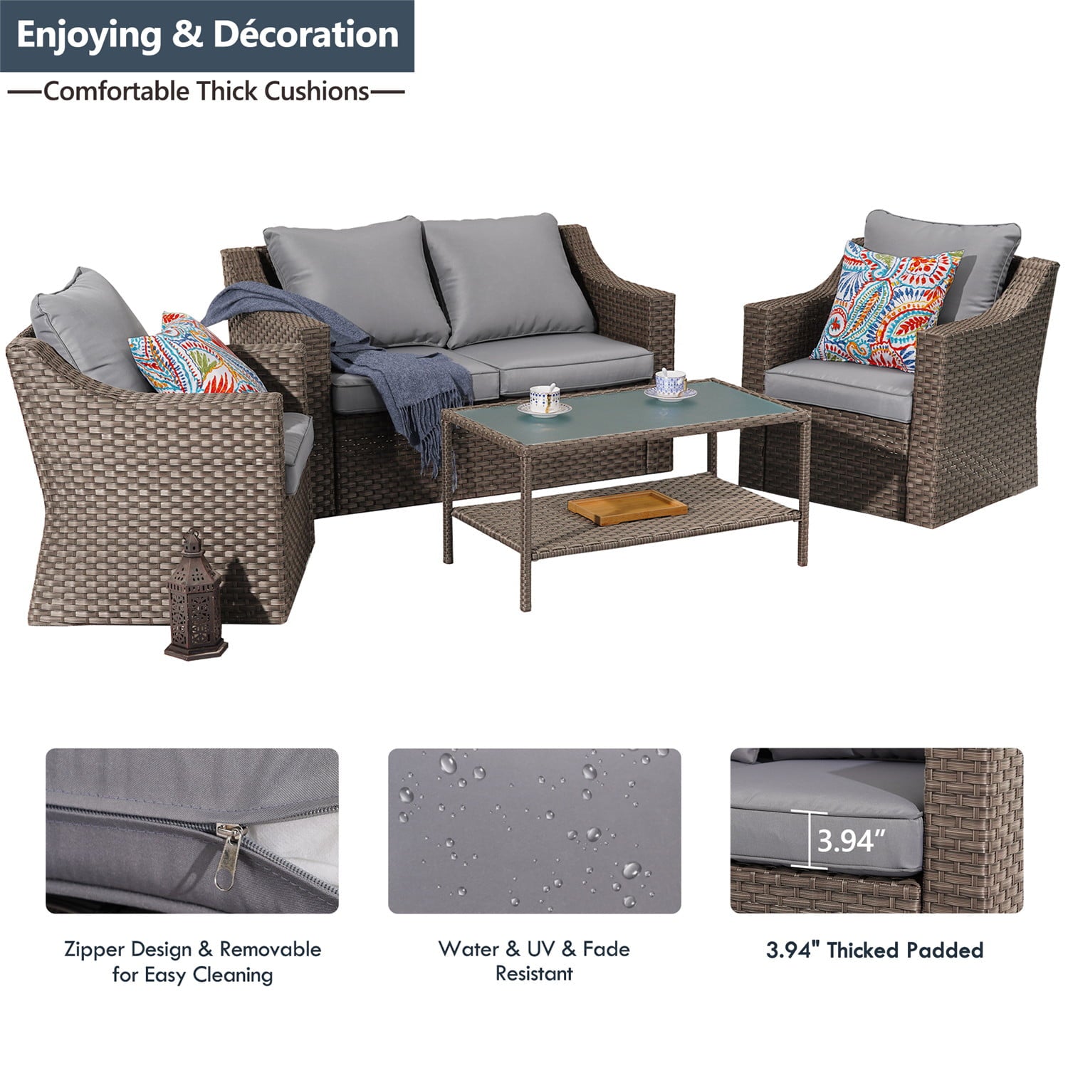 Superjoe 5 Piece Patio Furniture Set, Outdoor Wicker Conversation Sets Rattan Sofa with Glass Table for Garden Deck Porch, Grey Cushions