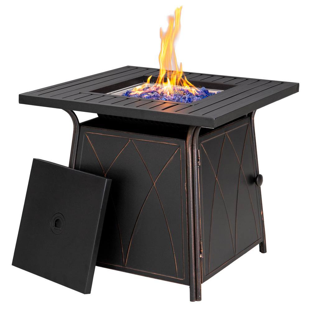 PHI VILLA 28.3 in. x 24.8 in. 50000 BTU Square Metal Gas Fire Pit Table with Lid and Blue Fire Glass THD-E02GS001