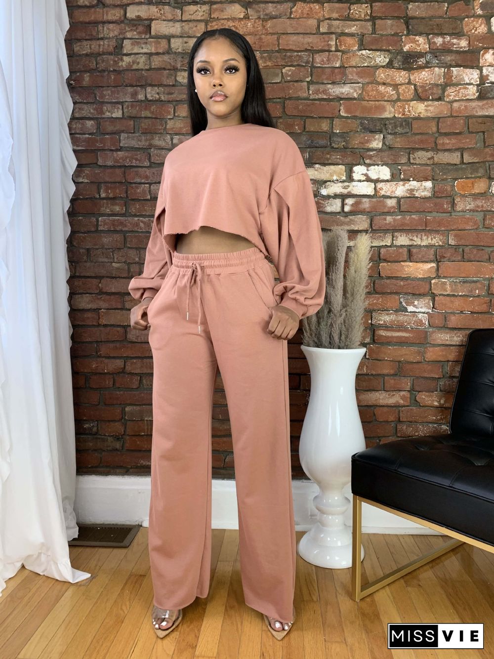 Long Sleeve Crop Top Drawstring Wide Leg Pants Set