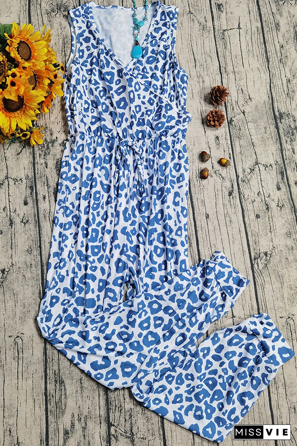 Leopard Floral Print Drawstring V-neck Sleeveless Jumpsuit