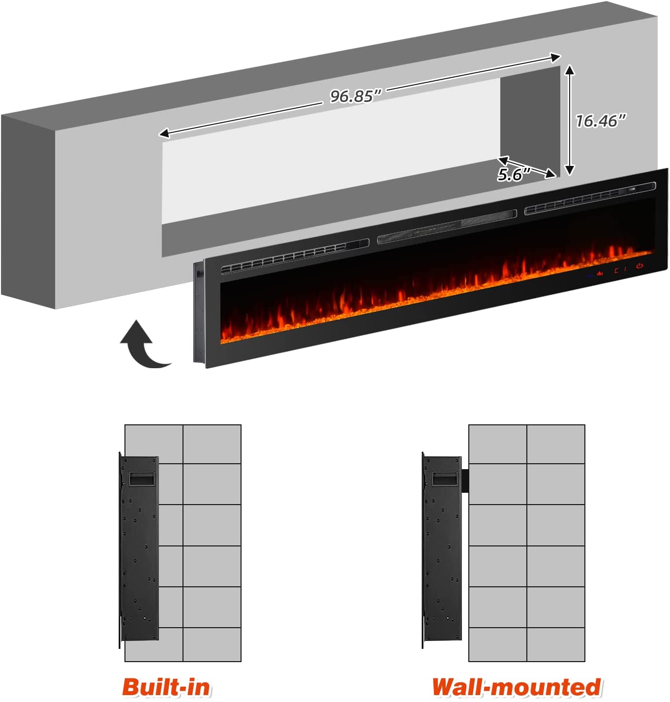 Yoleny 100 inch Electric Fireplace with Free Standing,Wall Mounted Fireplace Insert Heater, Recessed Electric Fireplace, 9 Color LED Flamer, 750/1500W