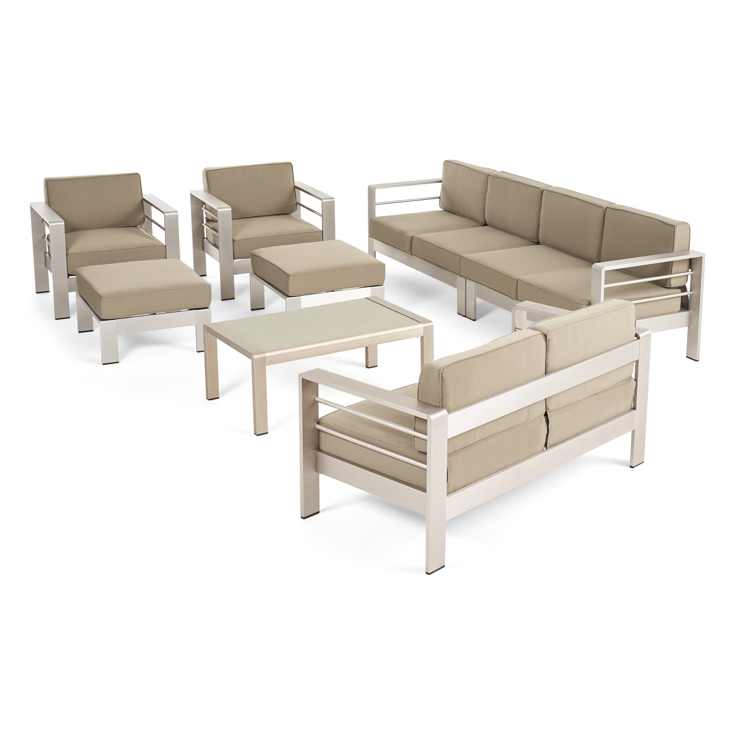 Emily Coral Outdoor Aluminum 8-Seater Sectional Sofa Set with Coffee Table and Ottomans, Silver and Khaki