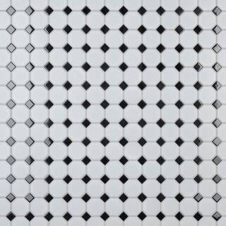 Merola Tile Metro Octagon Matte White wBlack Dot 11 12 in. x 11 12 in. Porcelain Mosaic  9.4 sq. ft. Case FXLM2OWD