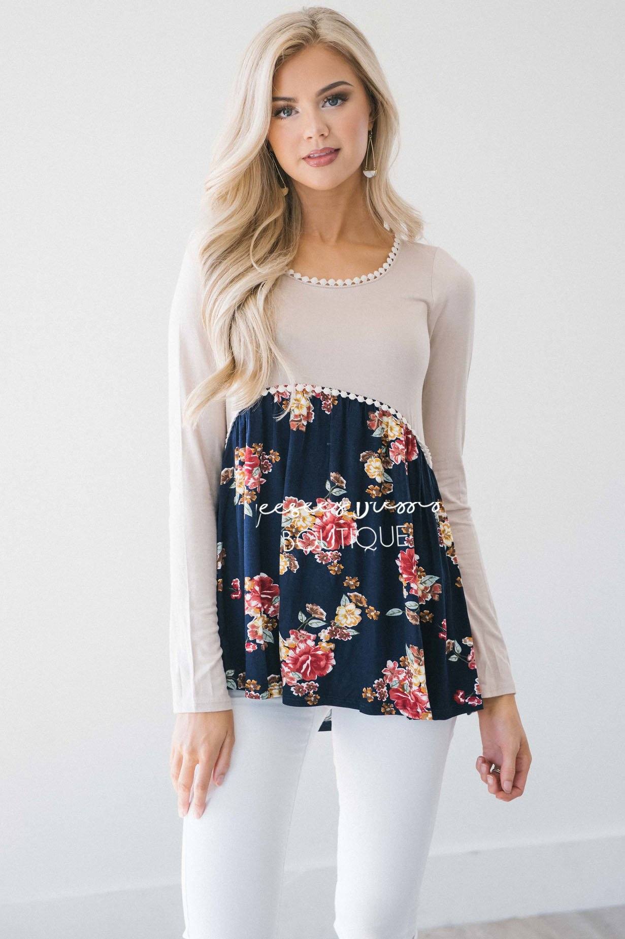 Taupe & Navy Floral Lace Trim Blouse