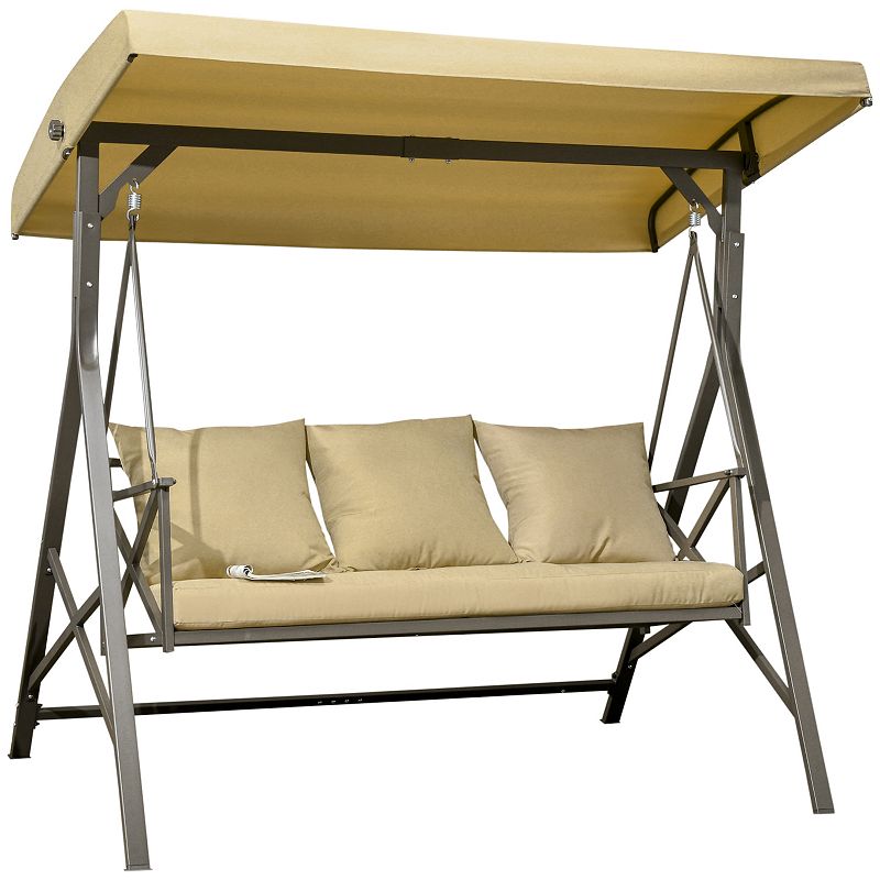 Outsunny 3-Seat Patio Swing Chair， Outdoor Canopy Swing Glider with Cushion， Khaki