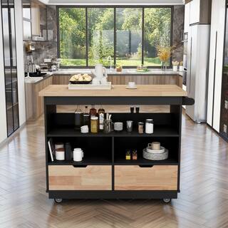 tunuo Black Rolling Kitchen Island with Rubber Wood Tabletop and Storage SF-5001AAB