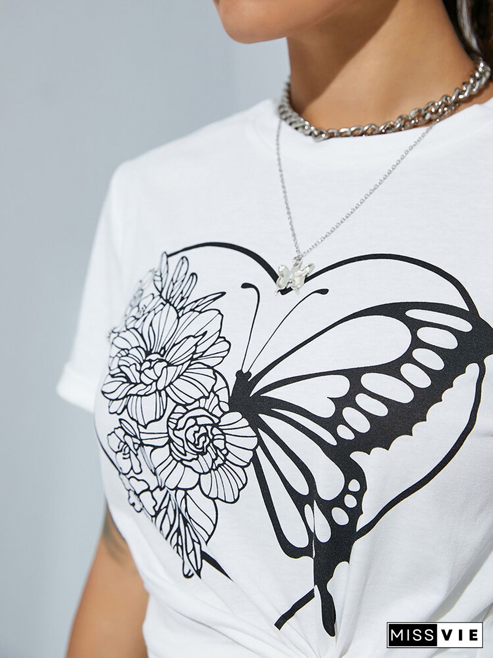 Butterfly Flower Print Crew Neck Short Sleeve T-shirt