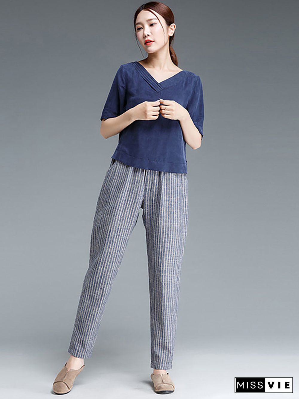 Plus Size Buykud Stripe Cotton Linen Women Pants