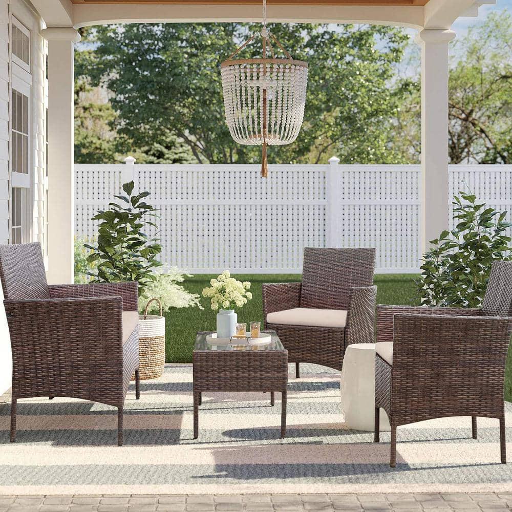 Tozey Brown 4Pieces Wicker Outdoor Patio Furniture Sets Rattan Chair Wicker Set with Beige Cushion