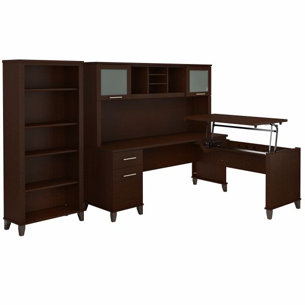 Bush Furniture Somerset 72W 3 Position Sit to Stand L Shaped Desk with Hutch and Bookcase in Mocha Cherry