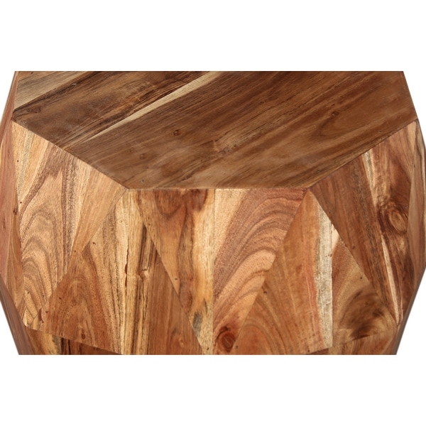 Bon 22 Inch Artisanal End Side Table， Multifaceted Solid Acacia Wood， Octagon Top， Natural Brown