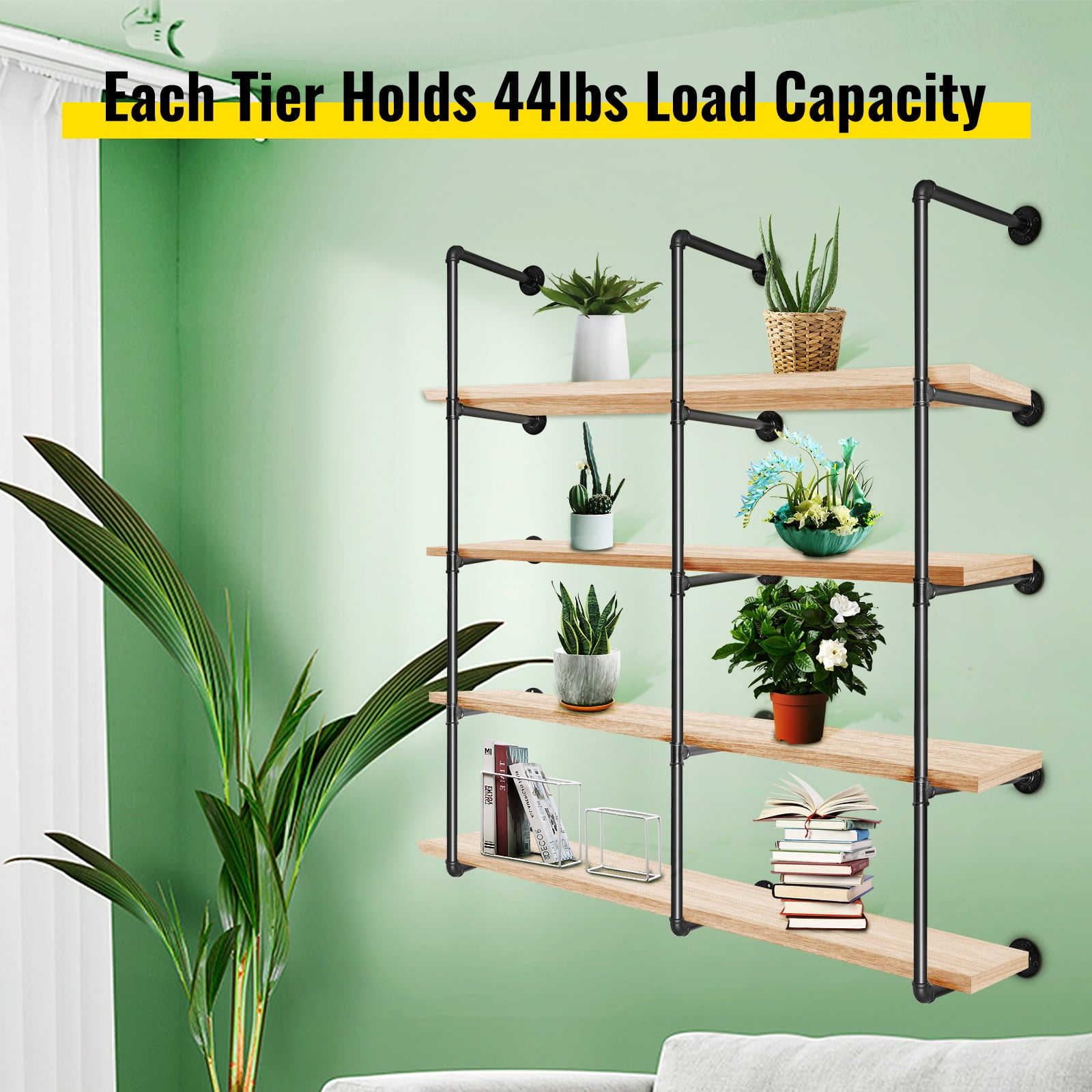 VEVOR Industrial Pipe Shelves 4-Tier Wall Mount Iron Pipe Shelves 3 PCS Pipe Shelving Vintage Black DIY Pipe Bookshelf Each Holds 44lbs Open Kitchen Shelving for Bedroom & Living Room W/Accessories