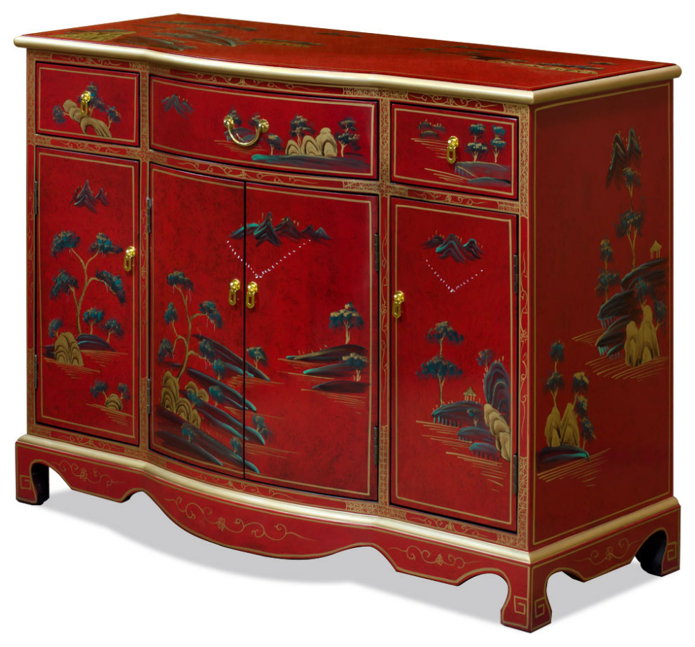 Red Lacquer Chinoiserie Scenery Motif Oriental Hall Cabinet   Asian   Accent Chests And Cabinets   by China Furniture and Arts  Houzz