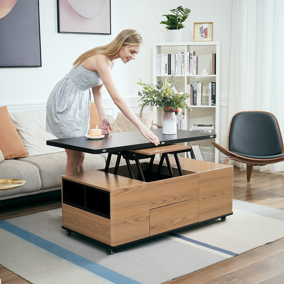 Lift Top Coffee Table Multi Functional Table With 3 Drawers  Walnut/Black   Transitional   Coffee Tables   by Homary International Limited  Houzz