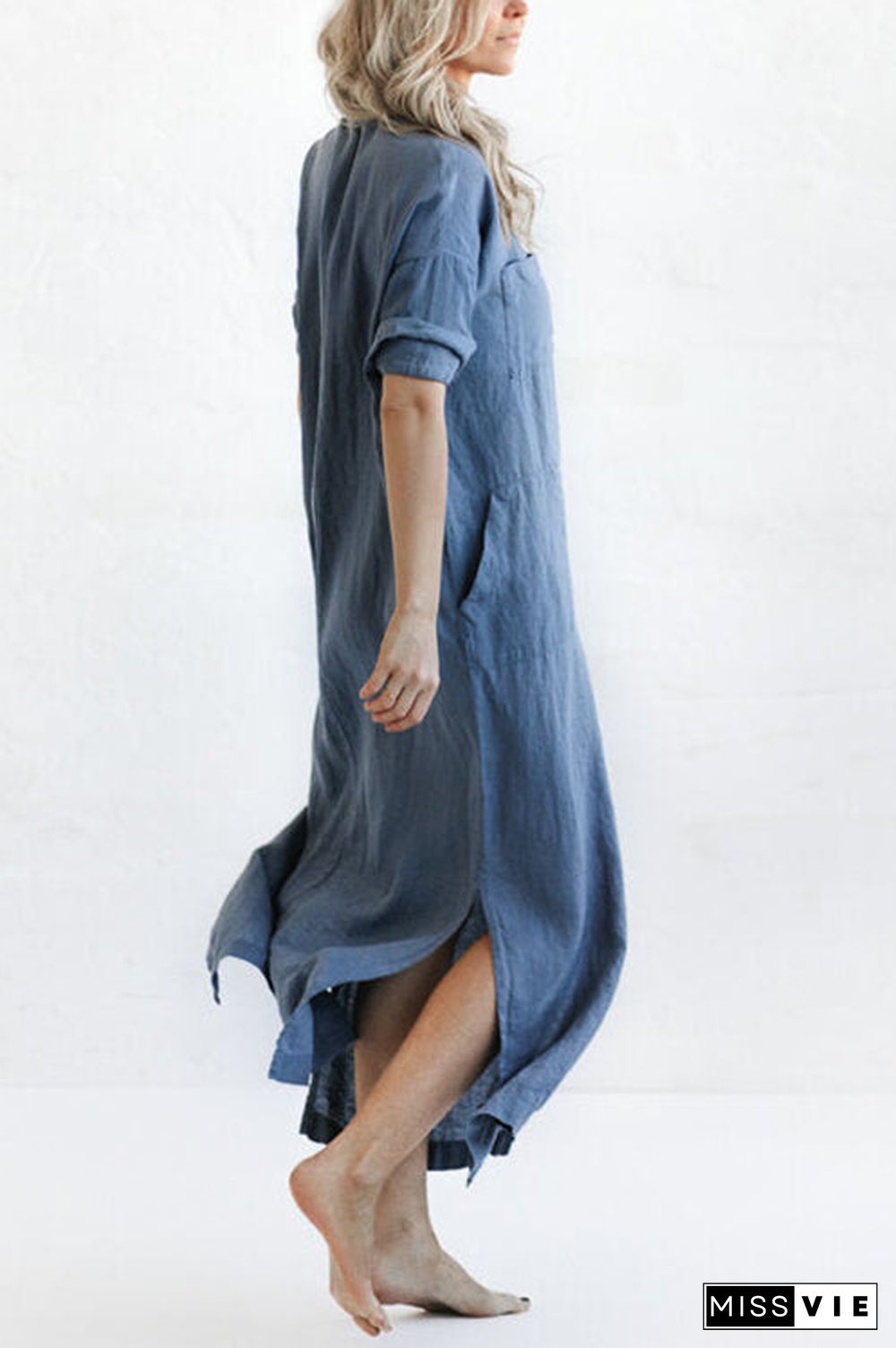 Linen Button Pockets Shirt Maxi Dress