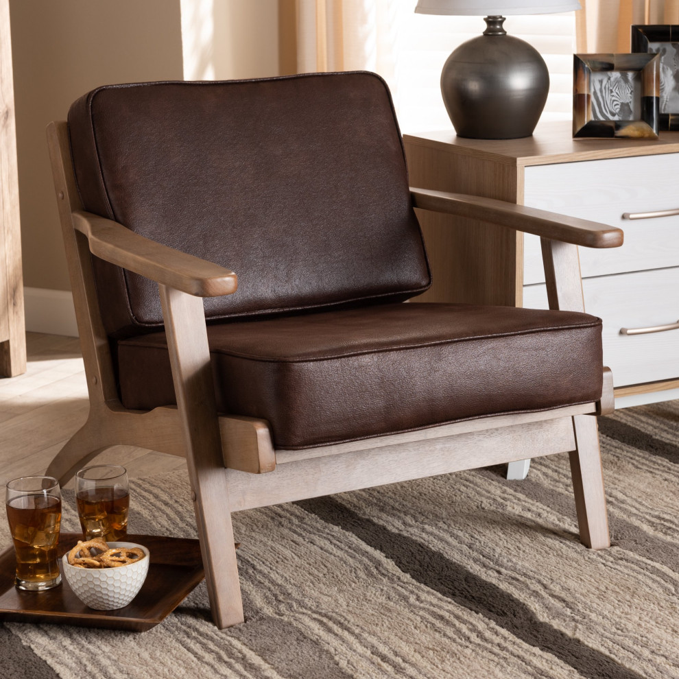 Retro Accent Chair  Antique Oak Rubberwood Frame and Comfortable Dark Brown Seat   Midcentury   Armchairs And Accent Chairs   by Declusia  Houzz