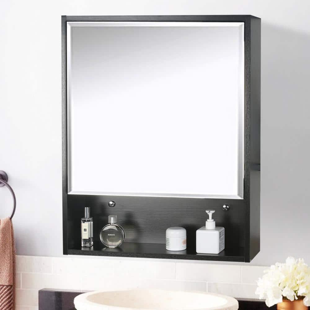 eclife 22 in W x 28 in H x 6 in D Black Wood Wall Surface Mount Medicine Cabinet with Mirror with 2Adjustable Shelves