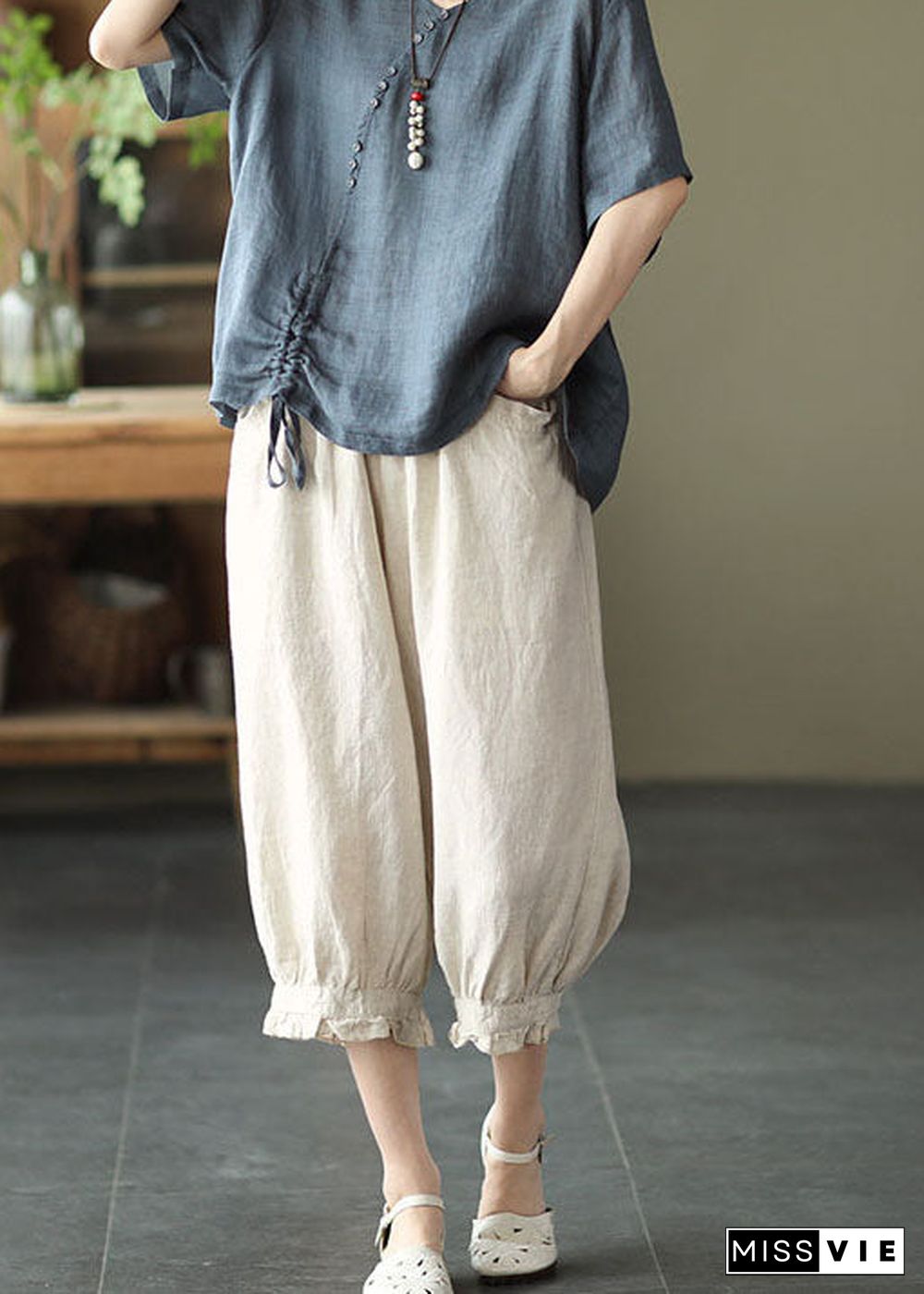 Beige Pockets Patchwork Linen Crop Pants Elastic Waist Summer