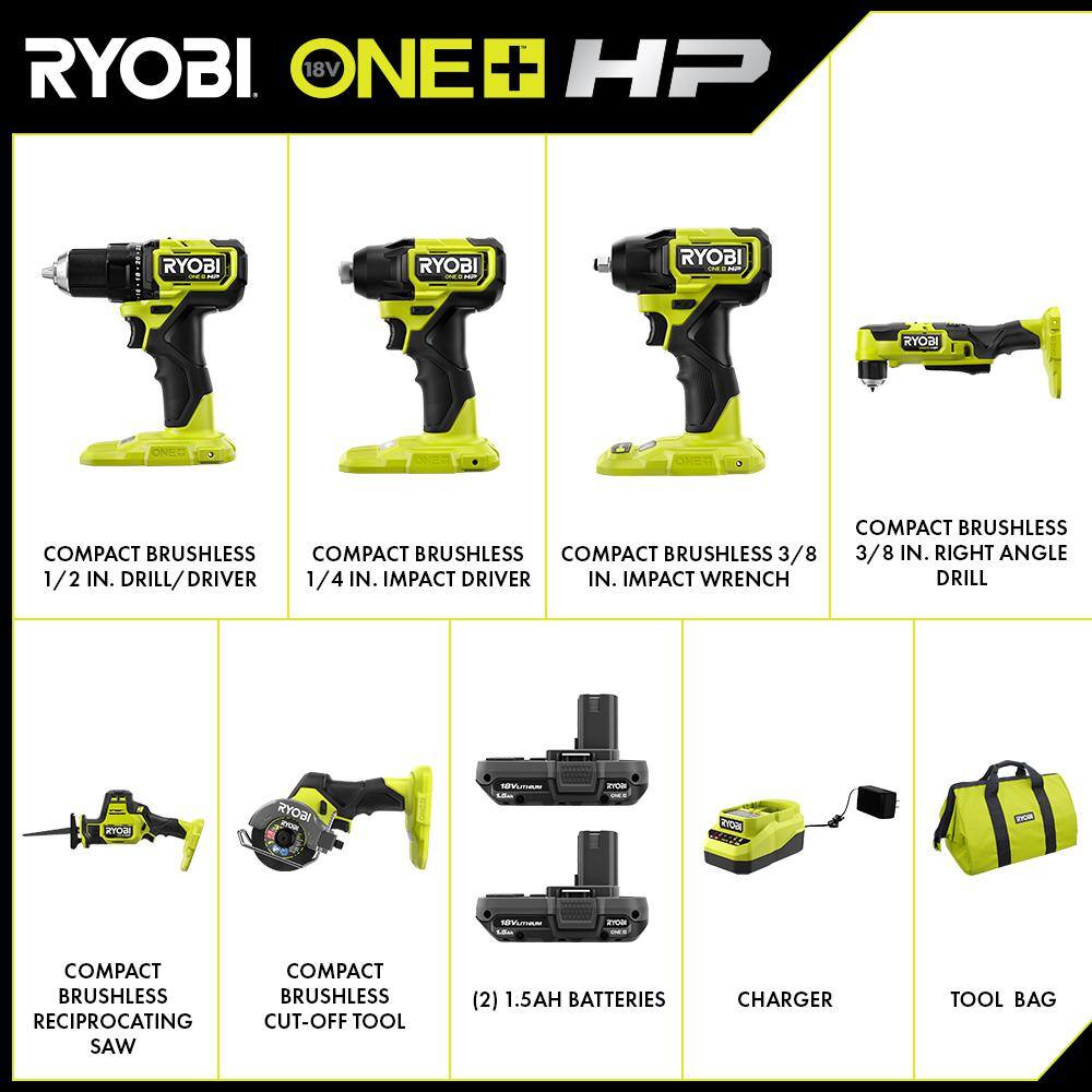 RYOBI ONE+ HP 18V Brushless Cordless Combo Kit (6-Tool) with (2) 1.5 Ah Batteries Charger and Bag PSBCK06K