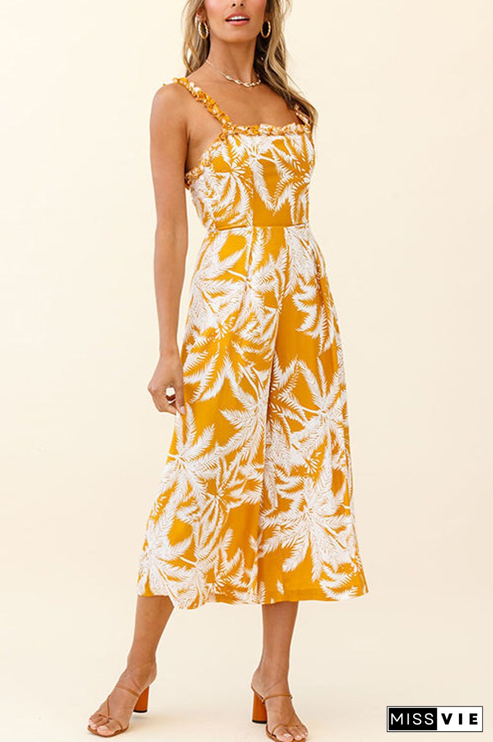 Palm Print Slip Wide Leg Jumpsuits