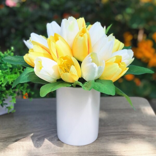 Enova Home 18 Heads Artificial Silk Tulips Fake Flowers Centerpieces in White Ceramic Vase for Home Decoration Wedding Party