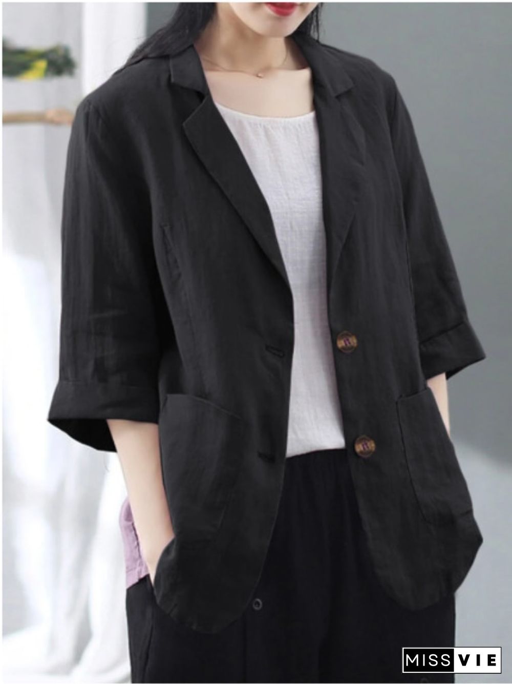 New Spring And Summer Solid Color Cotton And Linen Pocket Lapel Cropped Sleeve Jacket Suit Jacket Ladies Fashion Casual Cardigan