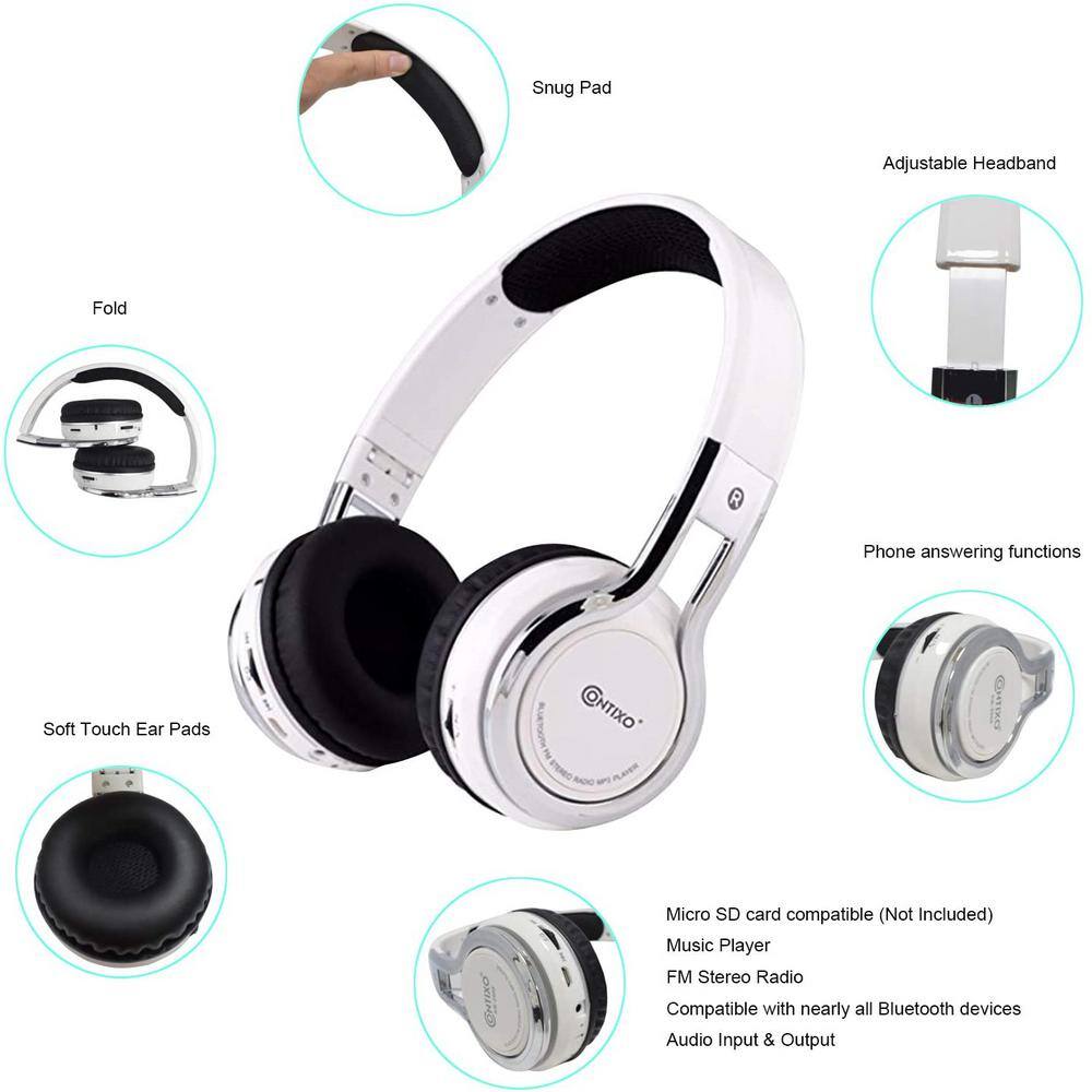 CONTIXO KB2600 Kid Safe 85db Foldable Wireless Bluetooth Headphone Built-in Microphone Micro SD Music Player (White) KB-2600 White