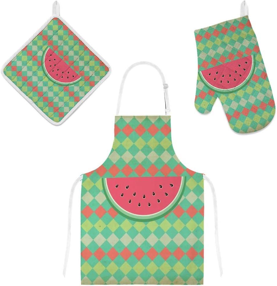 Insulation Kitchen Oven Mitts Potholder Apron 3pcs Set Sweet And Cute Watermelon Non Slip Heat Resistant Gloves For Baking Cooking Bbq