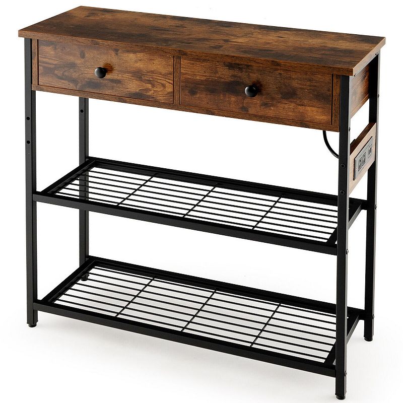 Narrow Console Table With 2 Drawers And 2 Metal Mesh Shelves