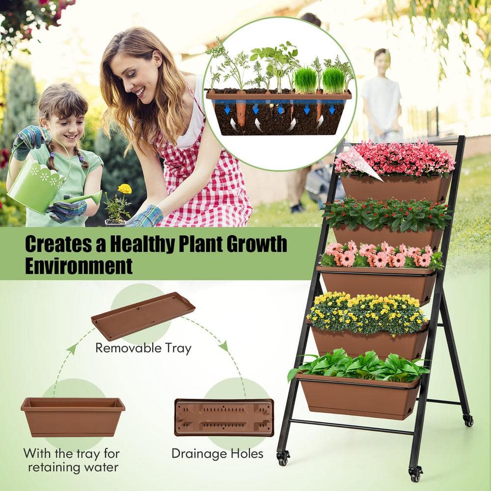 Costway 5-Tier Vertical Raised Garden Bed Elevated Planter with Wheels and Container Boxes NP10949CF