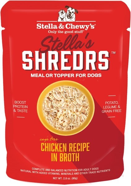 Stella and Chewy's Stella’s Shredrs Cage Free Chicken Recipe in Broth Adult Wet Dog Food， 2.8-oz pouch， case of 24