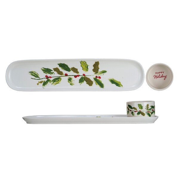 Stoneware Happy Holidays Platter and Dish with Holly Leaves，Set of 2