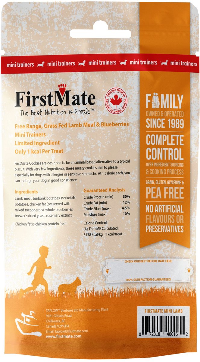 Firstmate Free Range Grass Fed Lamb and Blueberries Mini Trainer Grain-Free Dog Treats， 8-oz bag