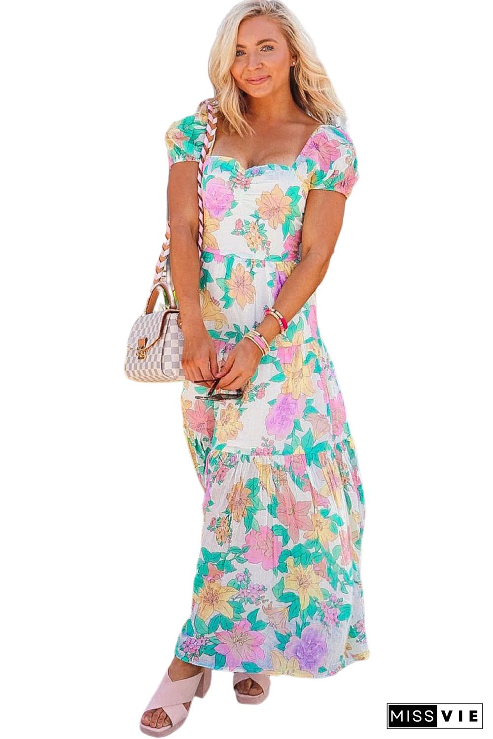 Multicolor Square Neck Puff Sleeve Tiered Floral Maxi Dress