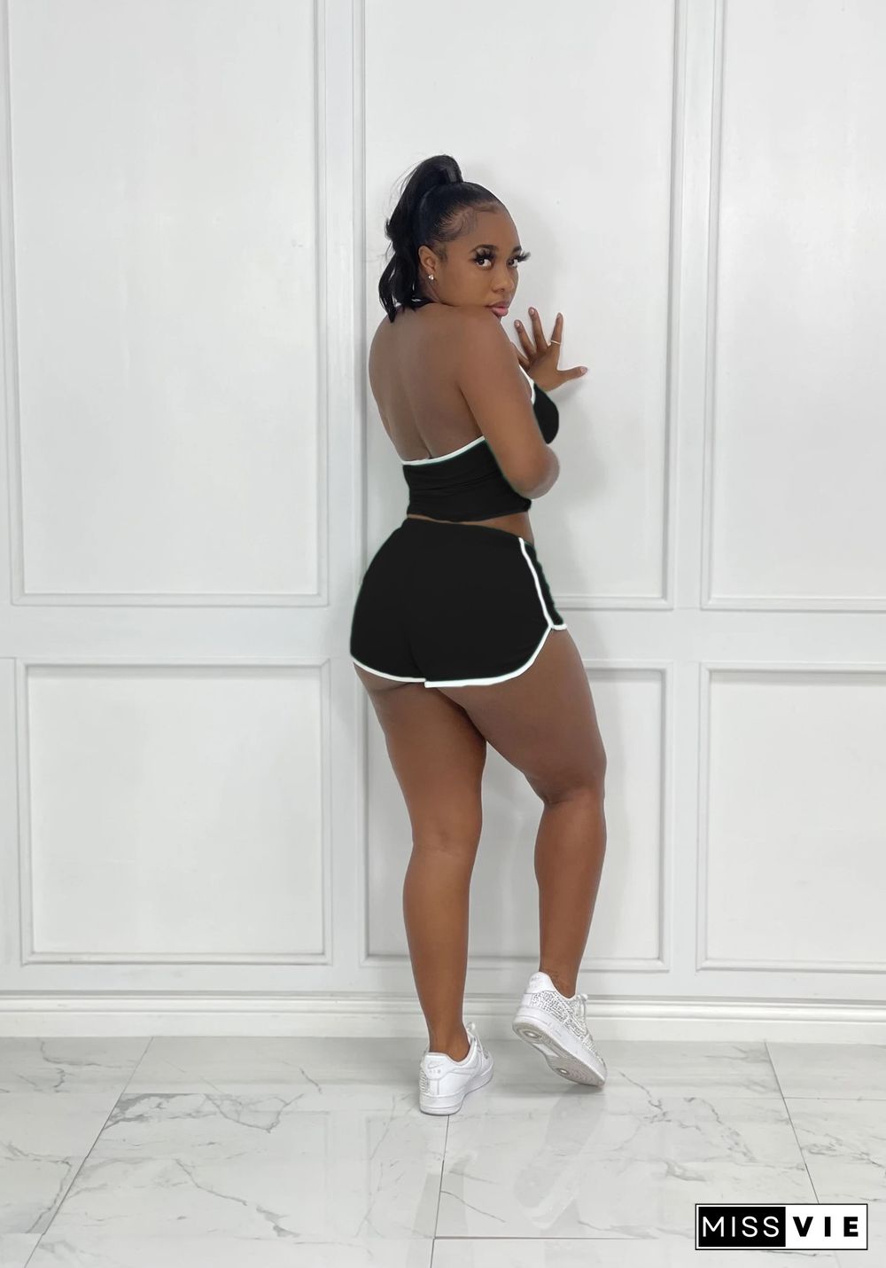 Casual Solid Women Clothing Halter Crop Tops Shorts Jogger Fitness Tracksuit Two Piece Matching Set