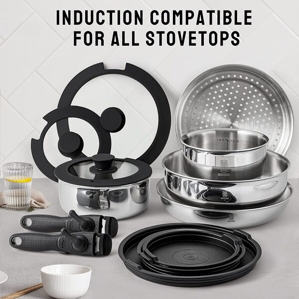 16 Piece Stainless Steel Cookware Set， Kitchen Removable Handle Stackable Pots and Pans Set