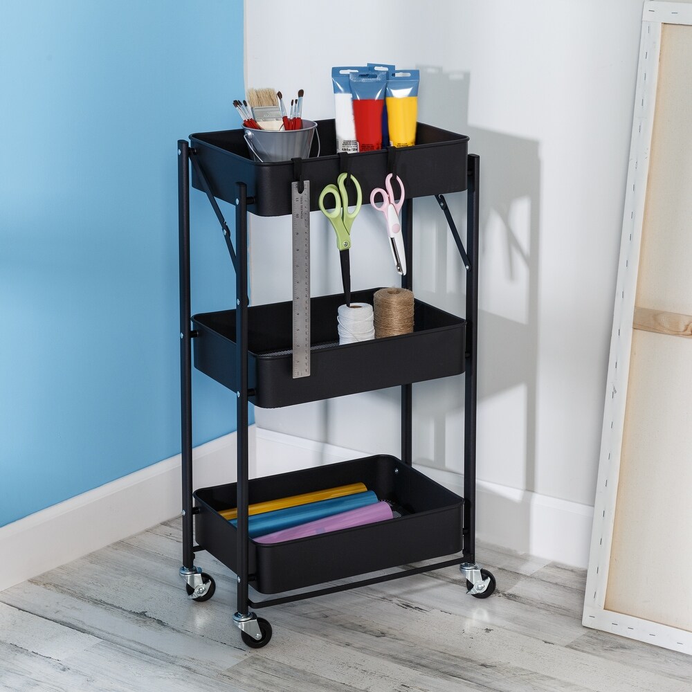 Black Metal Folding 3 Tier Utility Cart