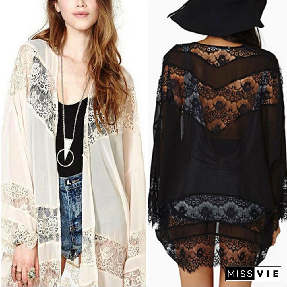 Women Boho Chiffon Kimono Lace Crochet Flower Long Loose Cardigan Coat