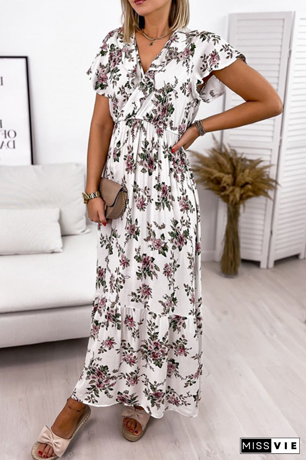 Fashion Elegant Floral Split Joint Flounce V Neck A Line Dresses