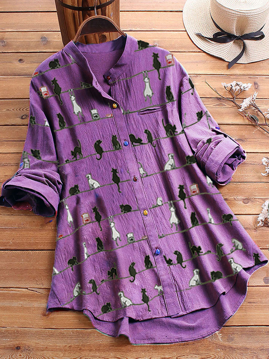 40% Off Cat Print Color Button Casual Long Blouse