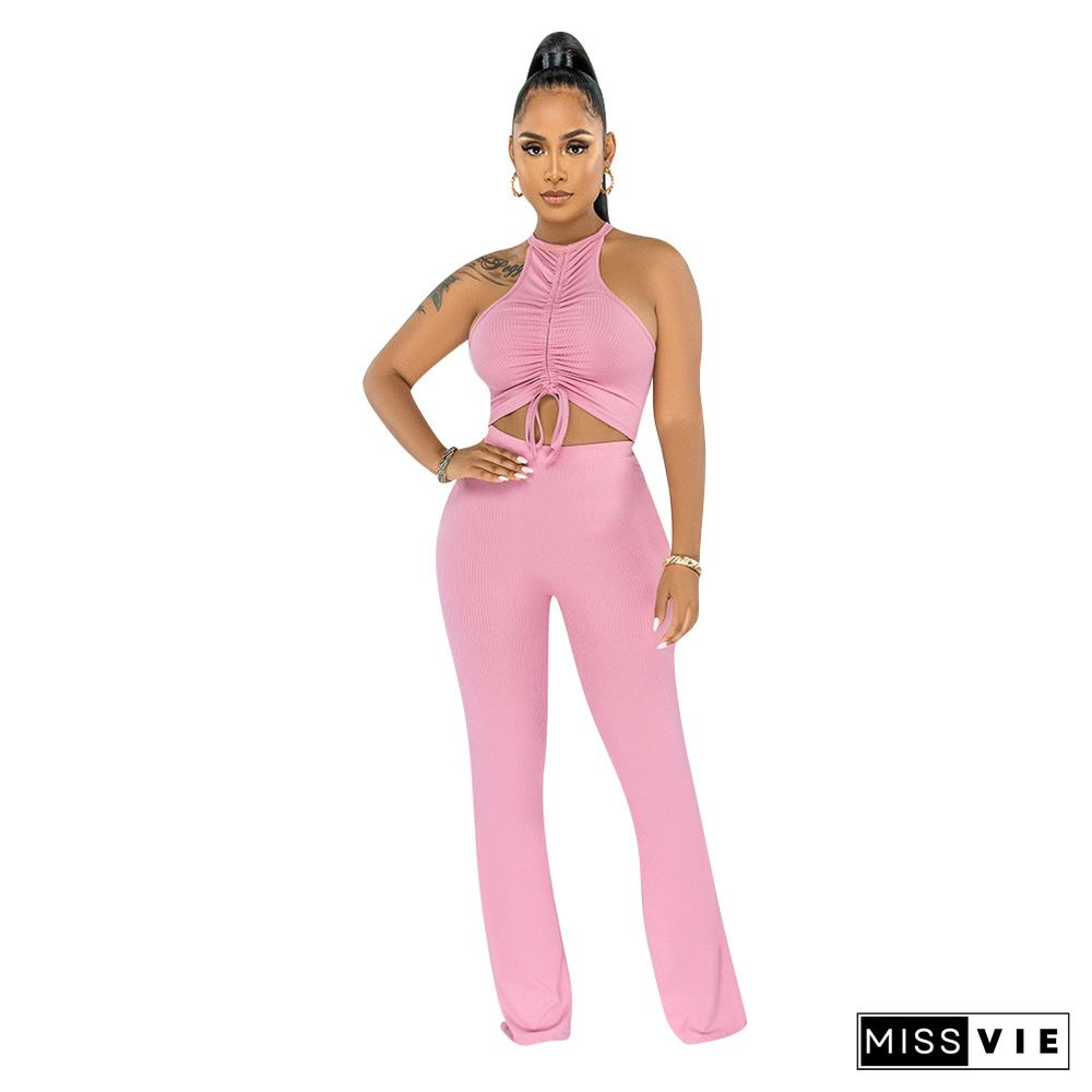 Solid Bandage Sleeveless Crop Top Flare Pants Set