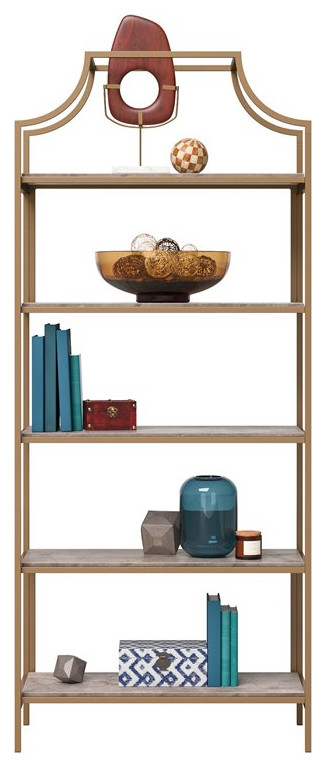 Sauder International Lux 5 Shelf Metal Frame Bookcase Gold Satin/Sindoori Mango   Contemporary   Bookcases   by Homesquare  Houzz