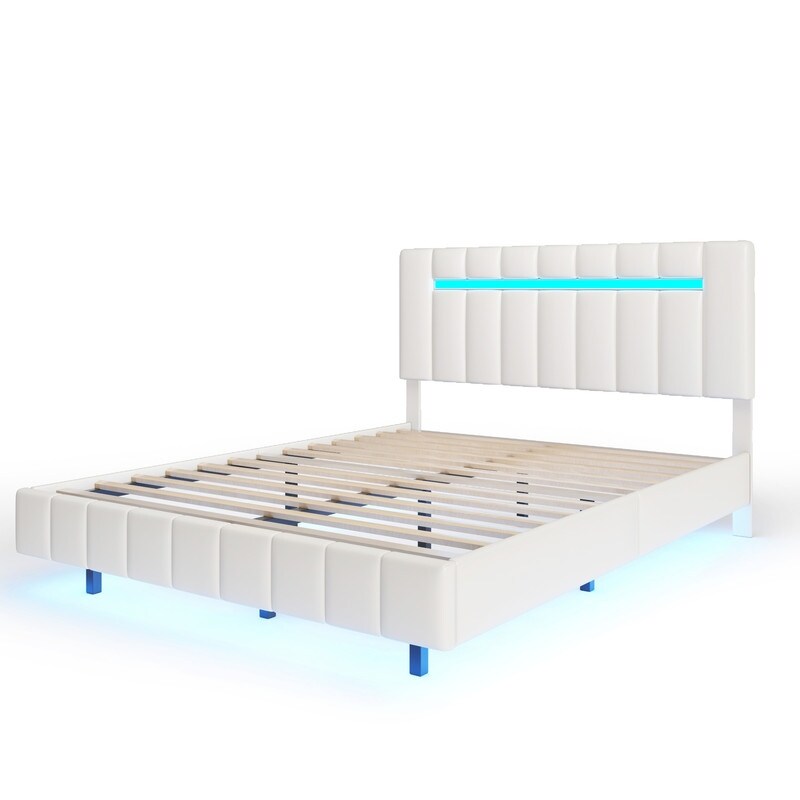 PU Upholstered Platform Bed with LED Lights and USB Charging Queen Size