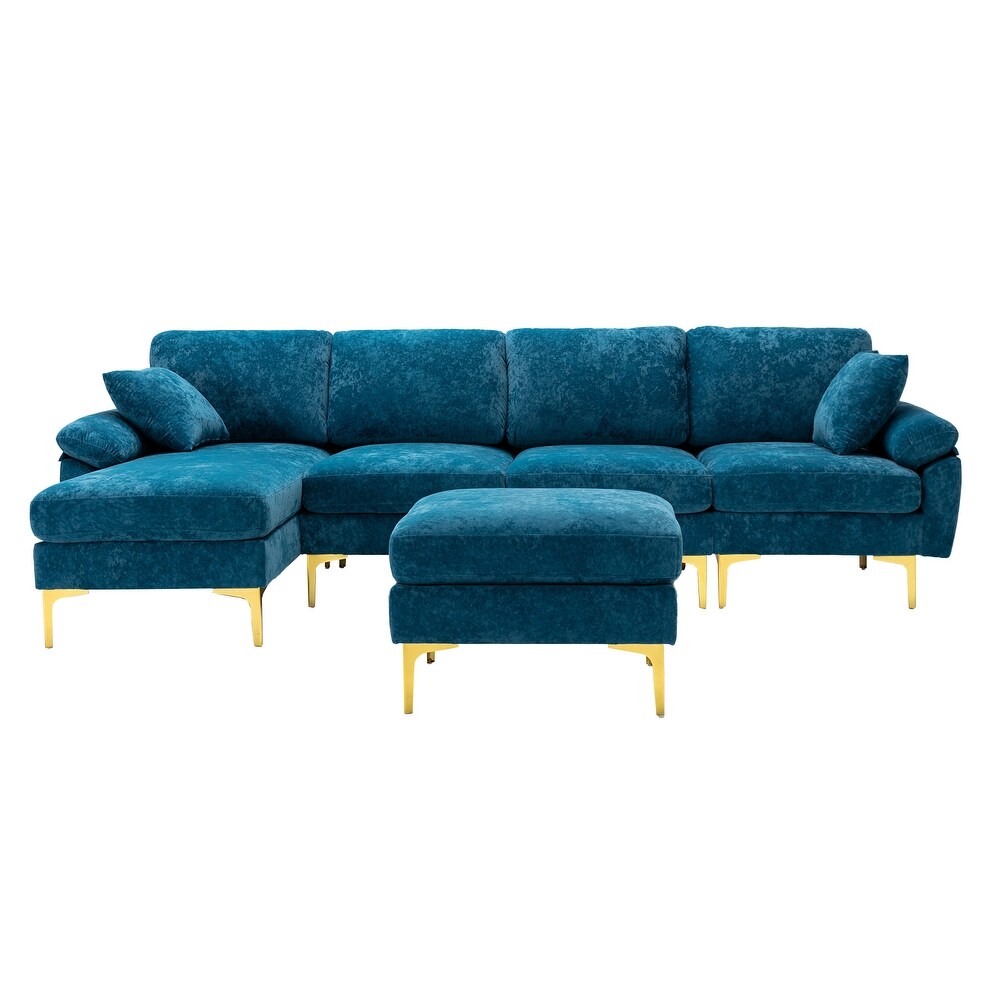 Chenille Sectional Sofas Set U shaped Modular Sofa Removable Recline Couch with Memory Foam Ottomans for Livingroom  Teal Blue