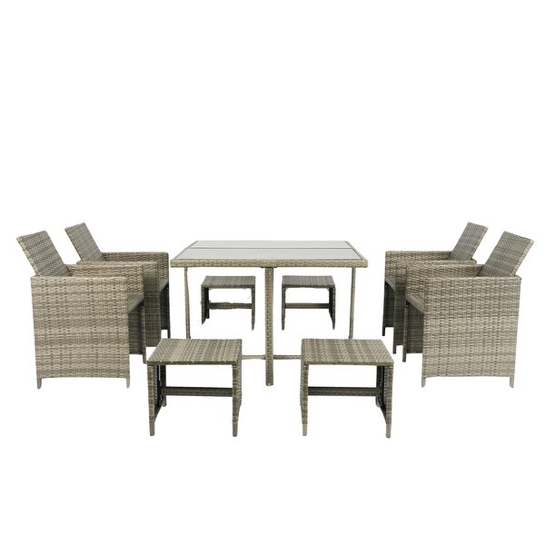 9 Pieces Patio Dining Sets Outdoor Space Saving Rattan Chairs with Glass Table Patio Furniture Sets Cushioned Seating