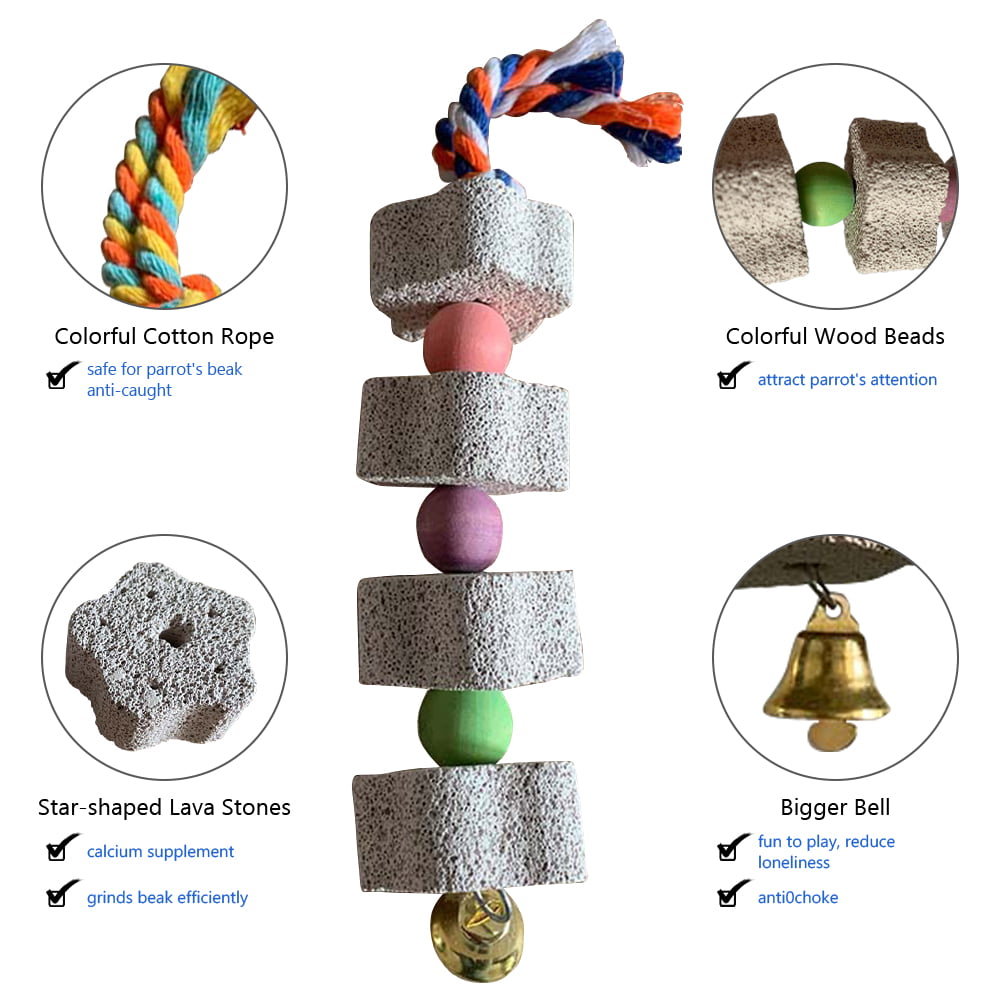 Parrot Chewing Toy， Bird Beak Grinding Stone with Bell， Lava Block Calcium Supplement Food for African Greys Amazon Conure Eclectus Budgies Parakeet Cockatiel Hamster Chinchilla Rabbit， 2 Pack