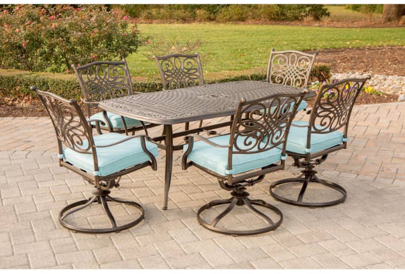 Hanover Traditions 7-Piece Outdoor Dining Set In Blue With 72 x 38 Cast-Top Table