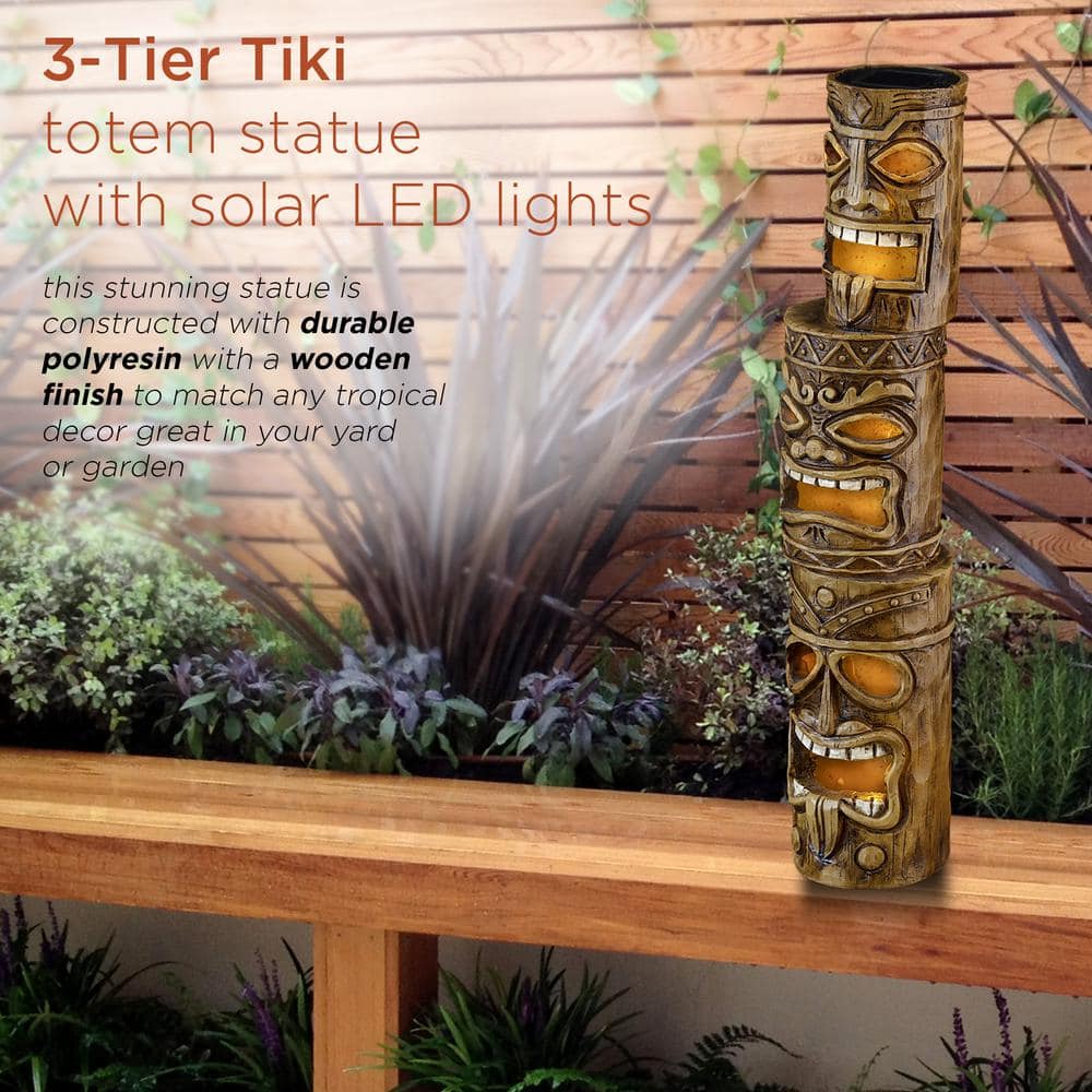 Alpine Corporation 19 in. Tall Outdoor 3-Tier Tiki Totem Statue with Solar LED Lights Yard Decoration WQA826SLR-DBR