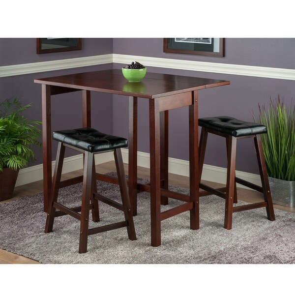 3 Brown Wood Drop Leaf Kitchen Table Leather Saddle Stools 39.25